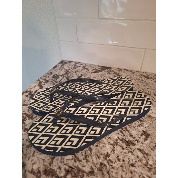 TORY BURCH BLUE & WHITE GOLD LOGO FLIP FLOPS SIZE 8 - Picture 6 of 9